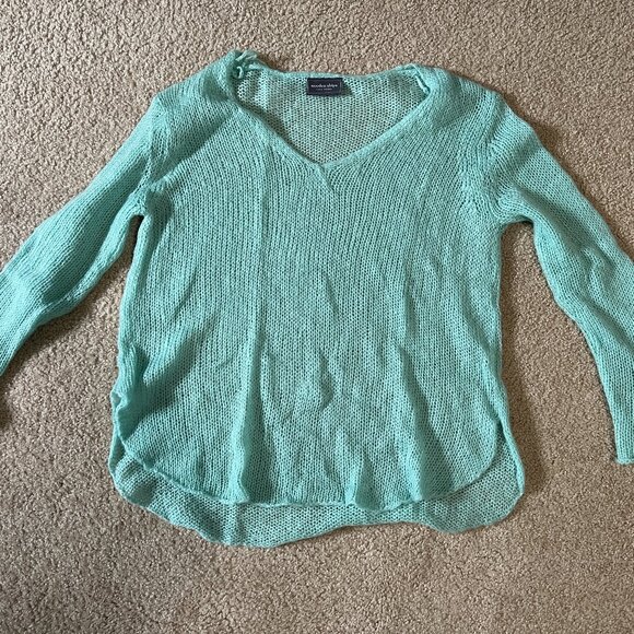 Wood Ships Shirt Tail V-Neck Sweater, Glacier Aqua, S/M - Picture 1 of 7
